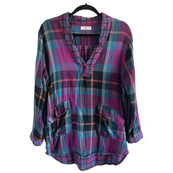 Natural Life Plaid Flannel Tunic Top Purple Black Sz Large Comfy Pockets - Picture 2 of 7